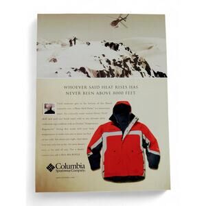 2001 Columbia Jacket Vintage Print Ad Mountain Top Snow Helicopter Scene y2k Era